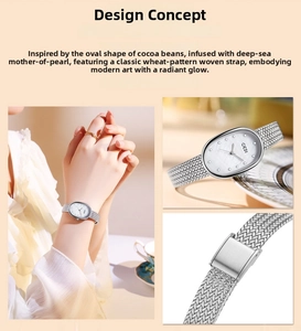 Detail of luxury women's oval watch with mother-of-pearl dial and woven mesh strap