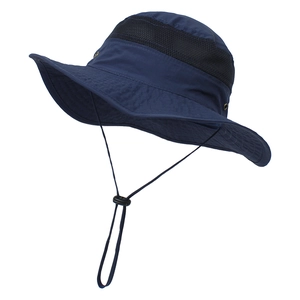 Detail of dark blue kids sun hat featuring breathable mesh panel and adjustable chin strap
