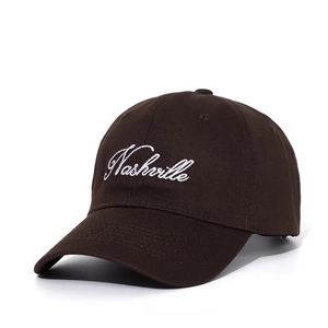 Detail of Nashville embroidery on high-quality dark brown cotton twill baseball cap