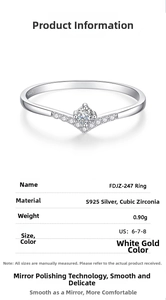 Detail showing S925 silver V-shaped ring specs, white gold plating with cubic zirconia