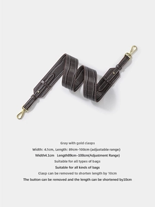 Detail of 4.1cm wide adjustable grey crocodile pattern leather bag strap with gold buckle