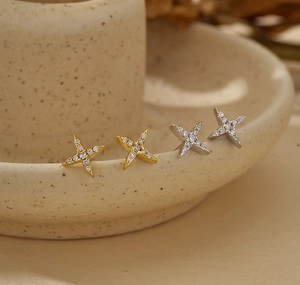 Detail of S925 silver star stud earrings with white zircon in gold and silver plating