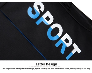 Close-up of SPORT print on durable black Oxford fabric with neat stitching on backpack