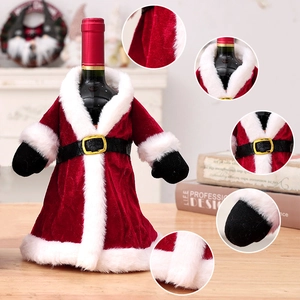 Christmas Santa suit wine bottle cover with red velvet, white fur trim and black belt details