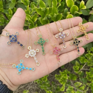 Cross Pendant Necklace Copper Zircon Stainless Steel Colorful Stones Fashion Jewelry Women Clavicle Chain