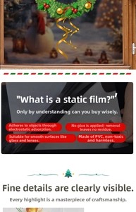 Macro view of Christmas wreath static PVC window film showing easy adhesive-free application