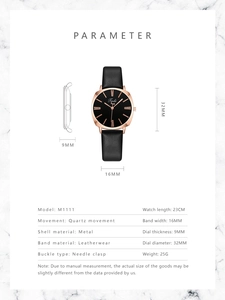 Detailed size chart for the Tadi black leather quartz watch with dimensions shown