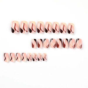 Press on nails with retro brown fluid wave patterns and nude artistic almond design