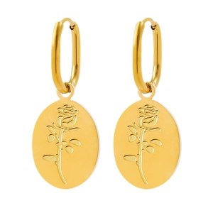 Fashionable gold stainless steel drop earrings featuring embossed rose flower pendants