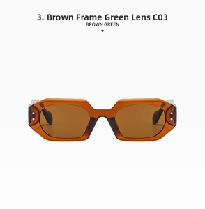 Detail view of model C03 vintage sunglasses with brown frames and green temples