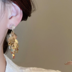 Close-up of a model wearing golden teardrop sequin tassel earrings with zirconia details