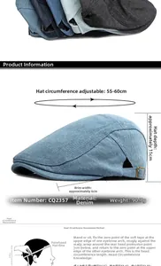 Detailansicht der Jeans-Schirmmütze mit Metallschnalle und Größenangaben zum Produkt