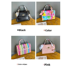 Detailed grid of crocodile texture and woven small square bags with silk scarf chains