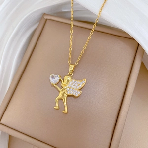 Detail of Cupid pendant with heart-shaped zircon on a delicate golden titanium chain