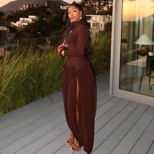 Elegant deep brown long-sleeved turtleneck maxi dress with high slit in sunset light