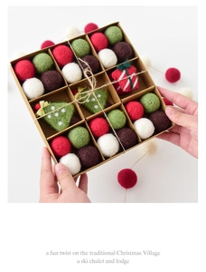 Handmade wool felt Christmas ornaments set in a rustic kraft gift box with jute twine