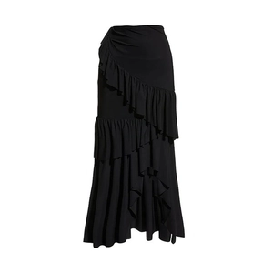 Detail of black asymmetrical ruffled maxi skirt with layered chiffon design for beachwear