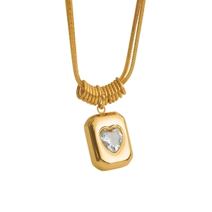 Double-layered gold snake chain necklace with rectangular heart pendant and clear zircon