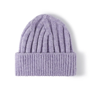 Pale purple thick ribbed knit beanie with turn-up cuff and warm winter texture