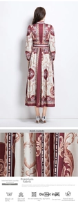 Detailed macro view of vintage court pattern fabric on a long floral maxi dress