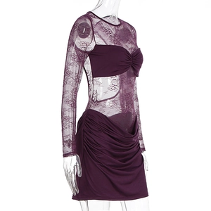 Detail of purple bodycon dress featuring lace sleeves and side ruching on the fabric