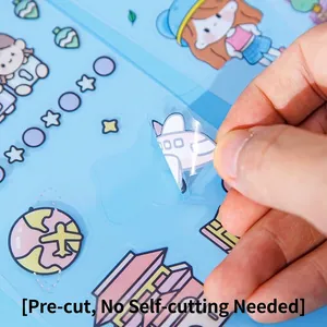 Waterproof PET cartoon sticker set with pre-cut shapes and cute blue themed characters