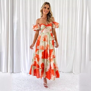 Floral off-shoulder tiered maxi dress with puff sleeves and abstract orange print