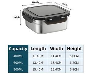 Size chart showing 400ml, 600ml, and 900ml stainless steel food storage box dimensions