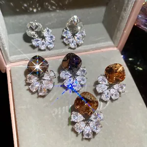 Elegant Zircon Stud Earrings With Silver Earring Post Cushion Cut Water Drop Shape Copper Luxury Vintage Jewelry For Women