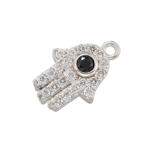 Detailed view of silver Hamsa Hand pendant with cubic zirconia and black gemstone