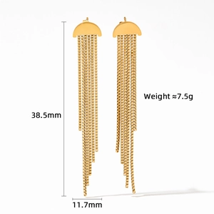 Detailed view of long gold tassel earrings showing 38.5mm length and 11.7mm width dimensions