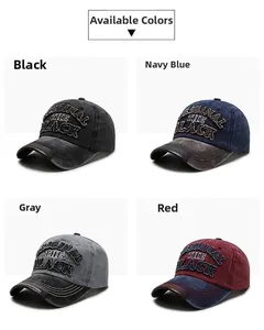 Detail view of washed denim baseball caps in four colors with 3D letter embroidery