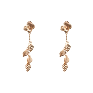 Elegant gold metallic flower and leaf tassel earrings with a vintage drop design on white background
