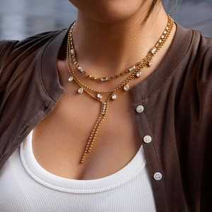 Three-layer 18K gold plated stainless steel necklace with square and teardrop zircons