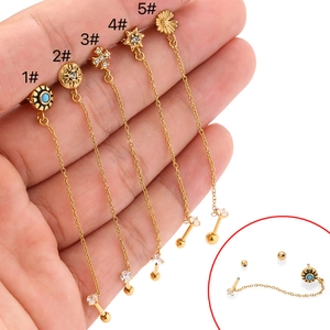 316L Stainless Steel Double Piercing Chain Earrings With Zircon Evil Eye Cross Daisy Octagonal Star Studs