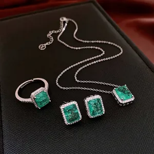 Vintage Luxury Rectangular Green Zircon Necklace Earrings And Adjustable Ring Jewelry Copper Silver Tone For Women