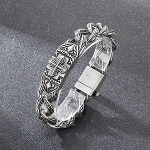 Vintage silver stainless steel chain bracelet with embossed cross pattern clasp