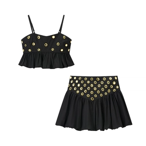 Ensemble deux pièces noir pour femme avec caraco court et mini-jupe à volants