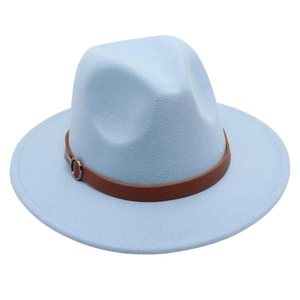 Detail of light blue wool felt fedora with a brown leather belt and silver metal buckle