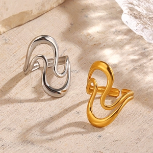 Minimalist 18K gold and silver plated geometric wavy open rings on stone base