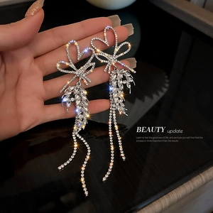 Rhinestone Tassel Earrings With 925 Sterling Silver Earring Post Heart Bow Wheat Design Elegant Long Drop Statement