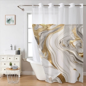 Detail of luxury marble pattern shower curtain with gold veins and top metal grommets