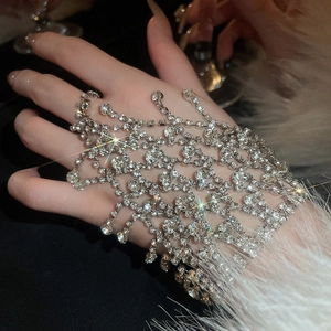 Close-up of sparkling rhinestone fringe hand chain bracelet and ring set for women