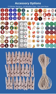 Christmas advent calendar DIY set with 24 wooden clips, jute rope, and festive stickers