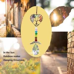 Detail of Tree of Life heart crystal with colorful chakra beads and wings suncatcher