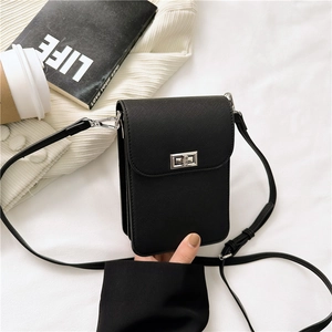 Minimalist black Saffiano leather mini crossbody phone bag with silver metal twist lock