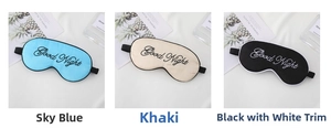 Three silk sleep masks in sky blue, khaki, and black with Good Night embroidery