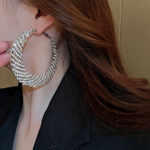 Orecchini a cerchio in argento di lusso con strass scintillanti indossati da una modella