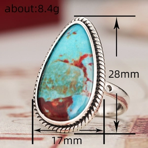 Anillo bohemio de turquesa en forma de gota de agua en plata antigua con medidas y peso