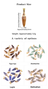 Macro detail of bullet shaped natural stone pendants with gold plated bail and dimensions
